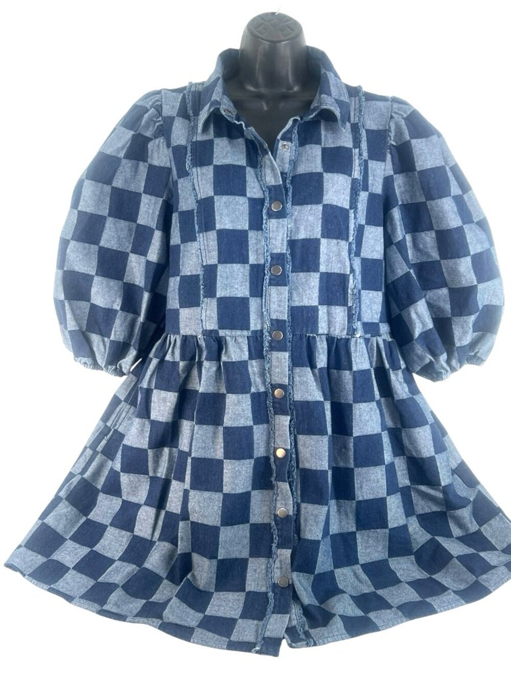 Bibi checkered denim dres sz L boho festival retro vibe NWT